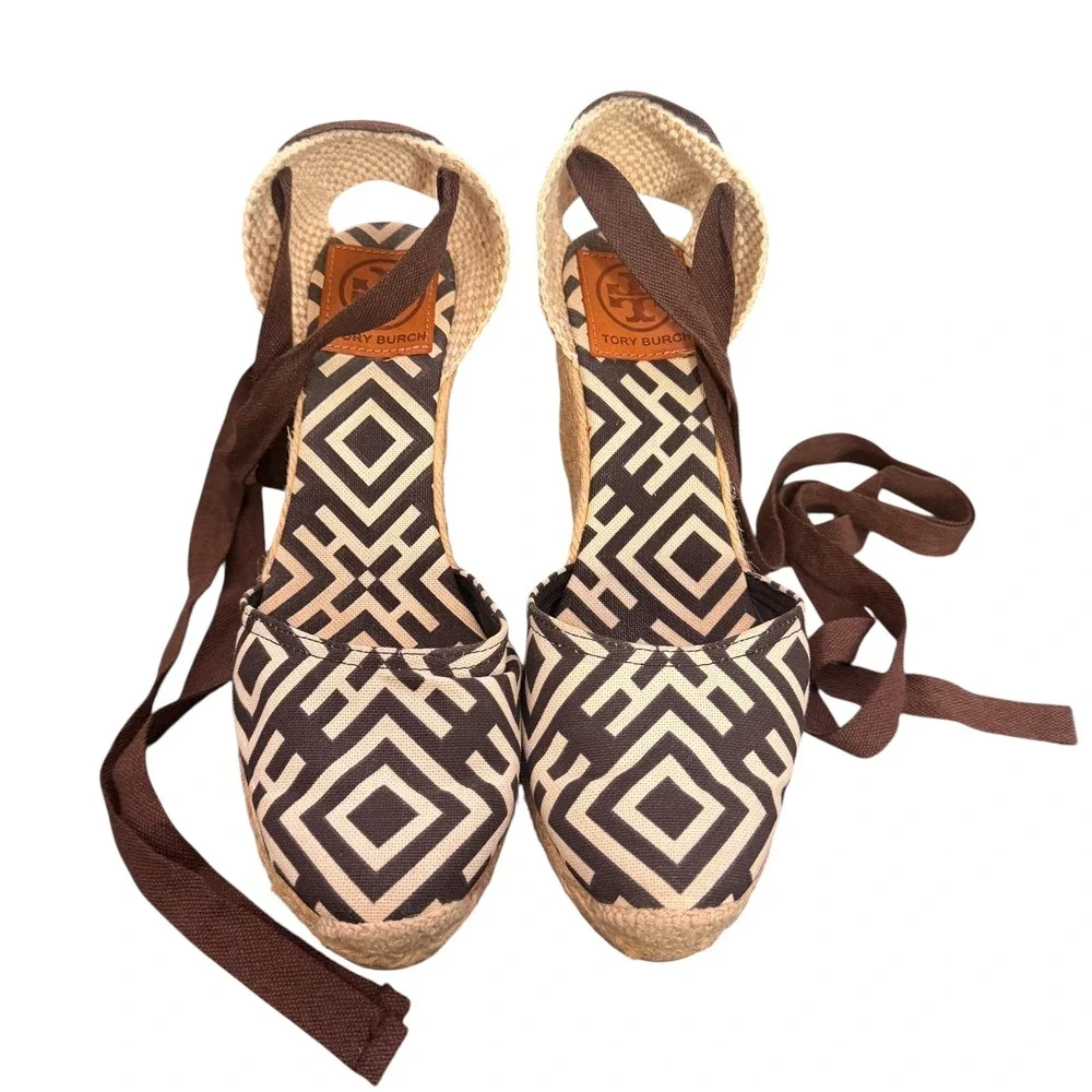 Tory Burch Wedge Espadrille Lace Up Ankle Strap 38 Geometric Canvas Resortwear